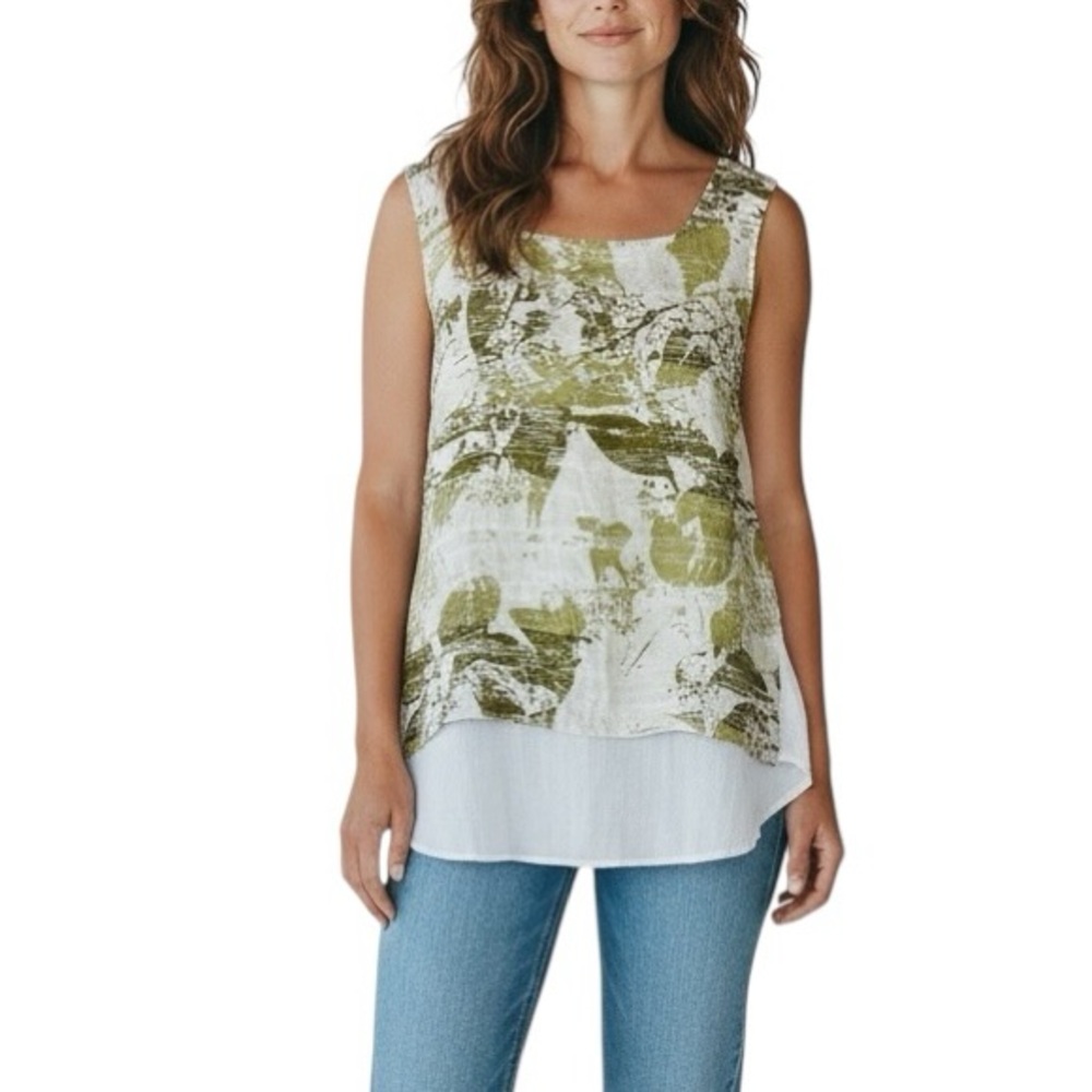 Click linen leaf print sleeveless rounded hem top size S excellent condition